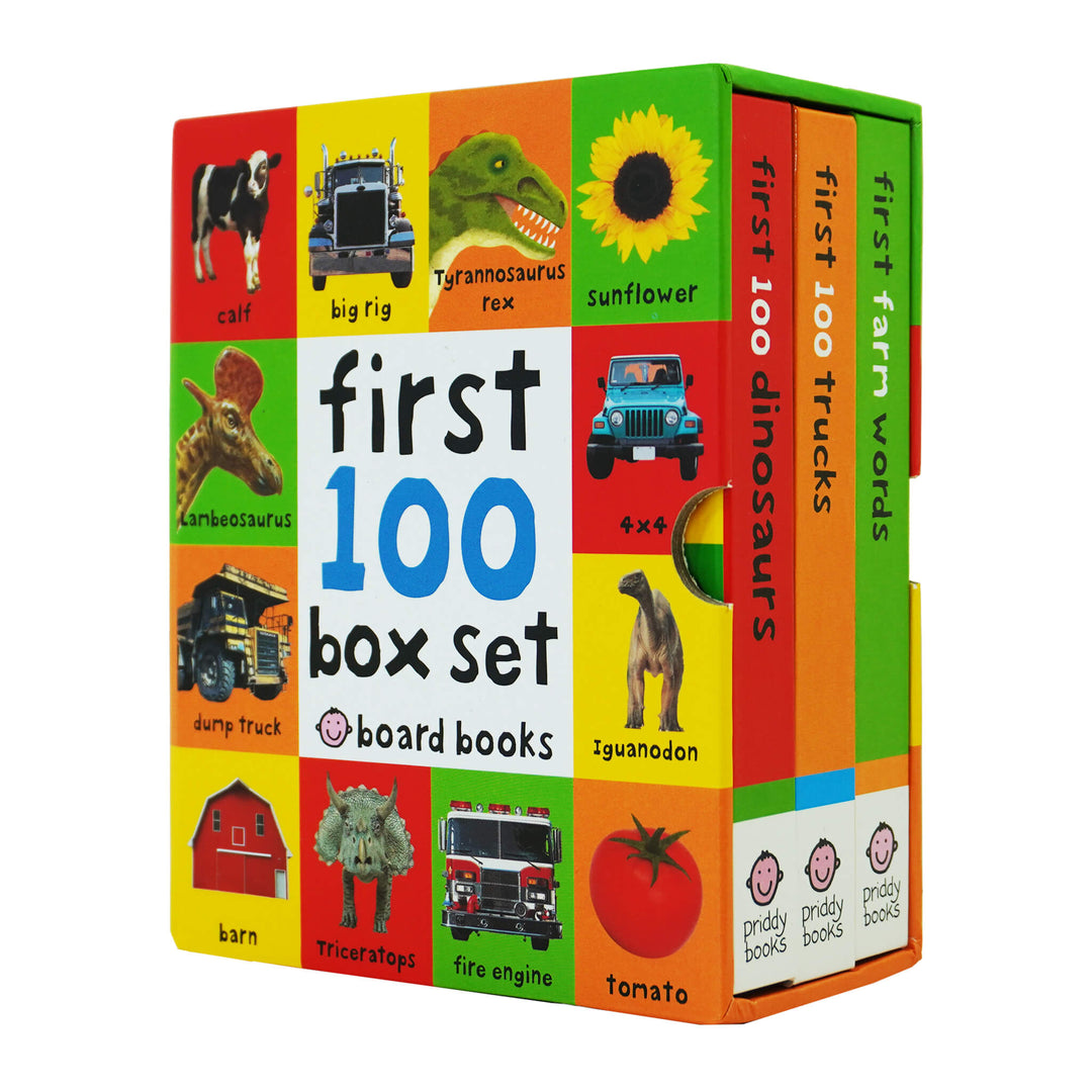 First 100 series 3 Books (Trucks, Dinosaurs & First Farm Words) Children Collection Box Set By Roger Priddy - Ages 0-5 - Board Book - St Stephens Books